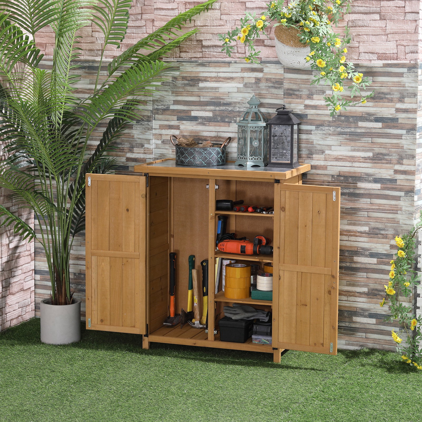 Abrigo de Jardim em Madeira, 75x40x90 cm Armazenamento de Ferramentas, com 4 Prateleiras 2 Portas e Telhado de Aço Galvanizado M
