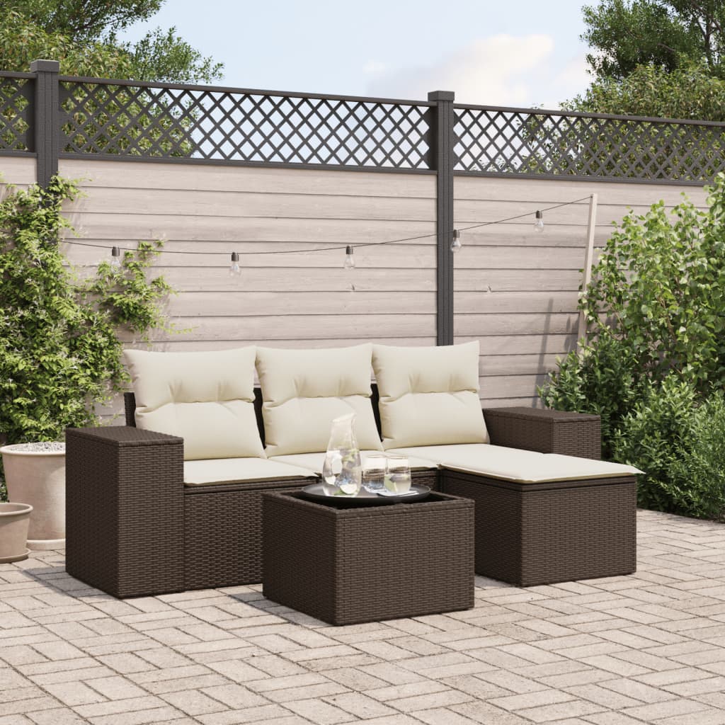 5 Pcs conjunto sofás p/ jardim c/ almofadões vime PE castanho