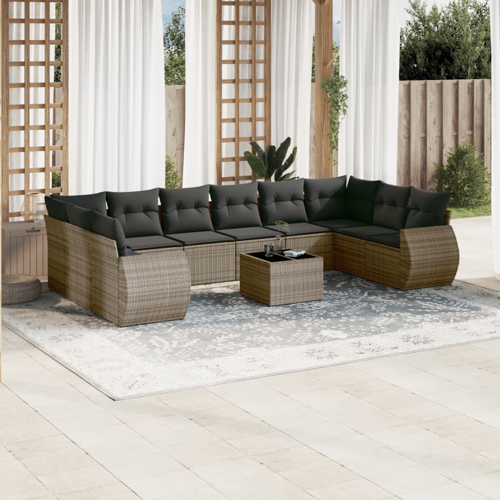 11 Pcs conjunto sofás de jardim c/ almofadões vime PE cinzento