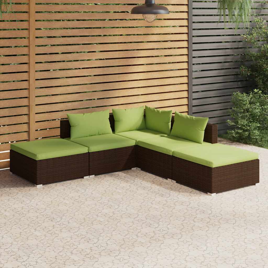 5 Pcs conjunto lounge jardim c/ almofadões vime PE castanho
