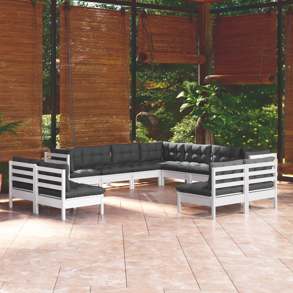 11 Pcs conj. lounge de jardim c/ almofadões pinho maciço branco
