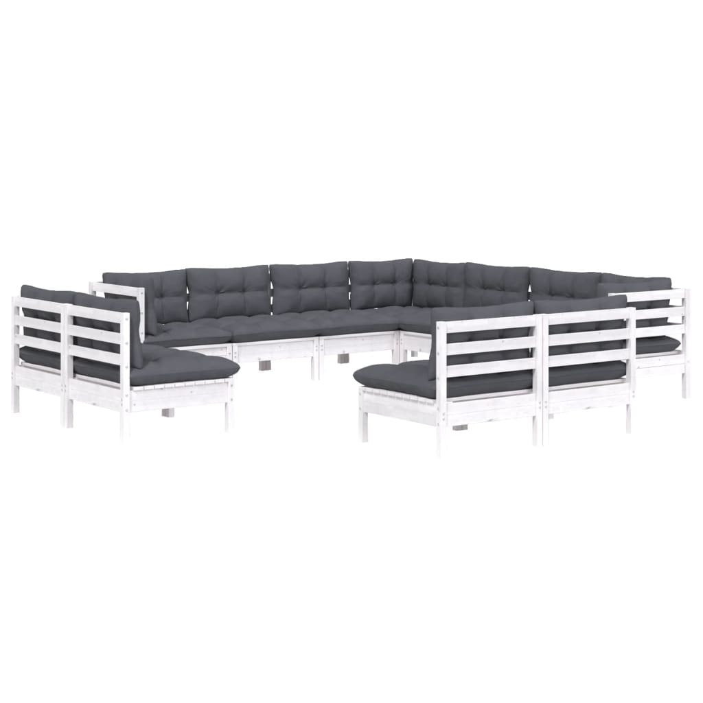 11 Pcs conj. lounge de jardim c/ almofadões pinho maciço branco