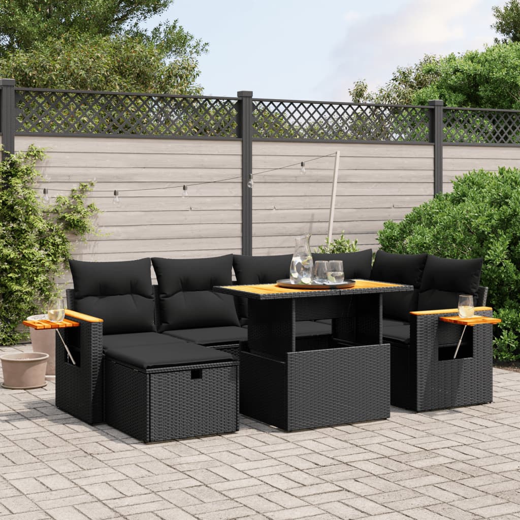 7 Pcs conjunto de sofás p/ jardim c/ almofadões vime PE preto