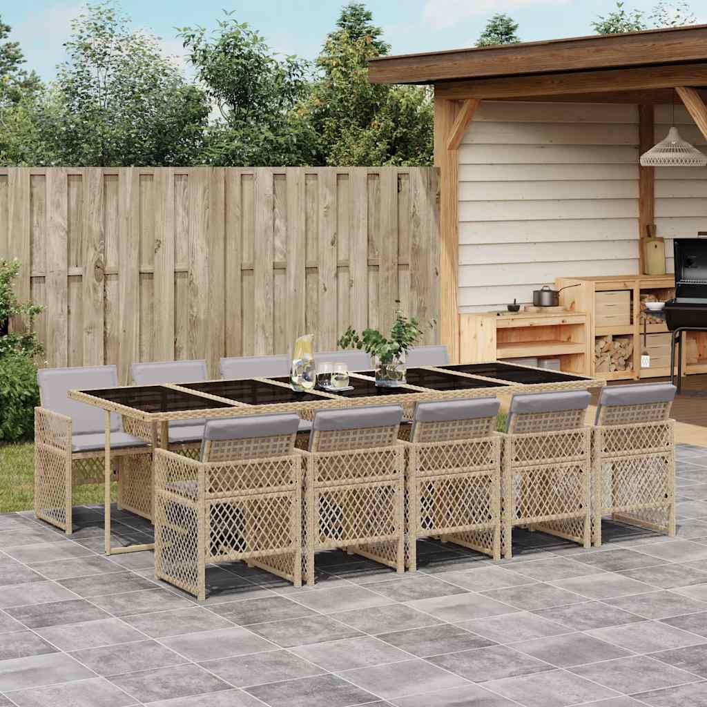 11 Pcs conjunto de jantar p/ jardim com almofadões vime PE bege