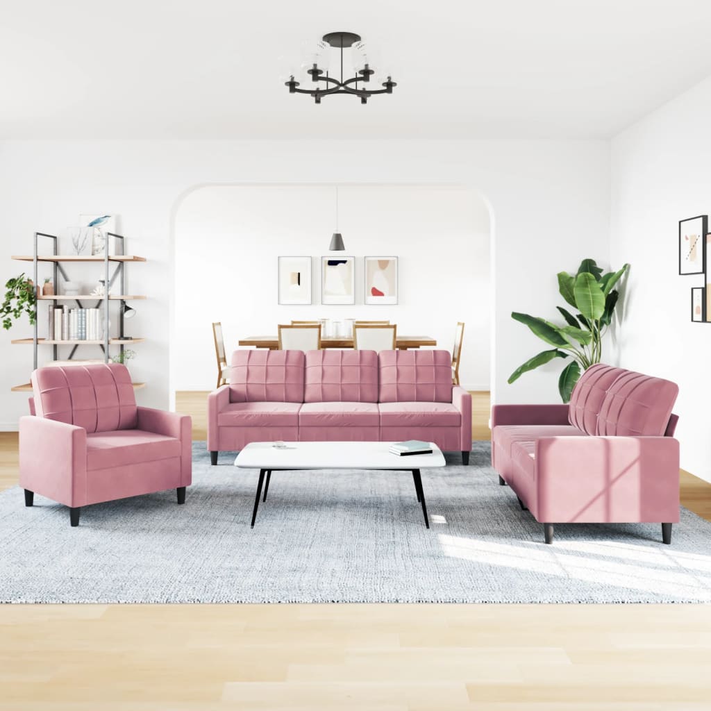 3 Pcs conjunto de sofás com almofadões veludo rosa