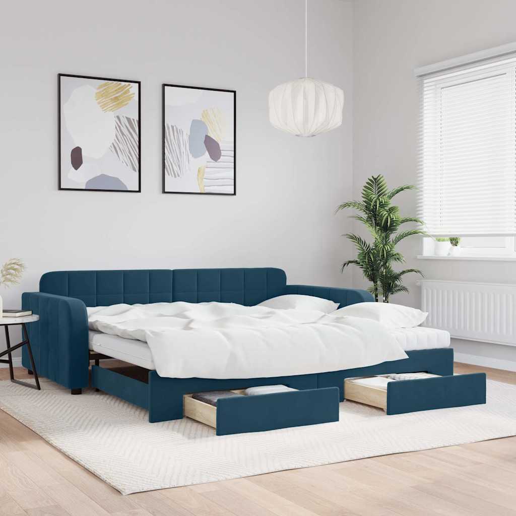 Sofá-cama com gavetão e gavetas 100x200 cm veludo azul