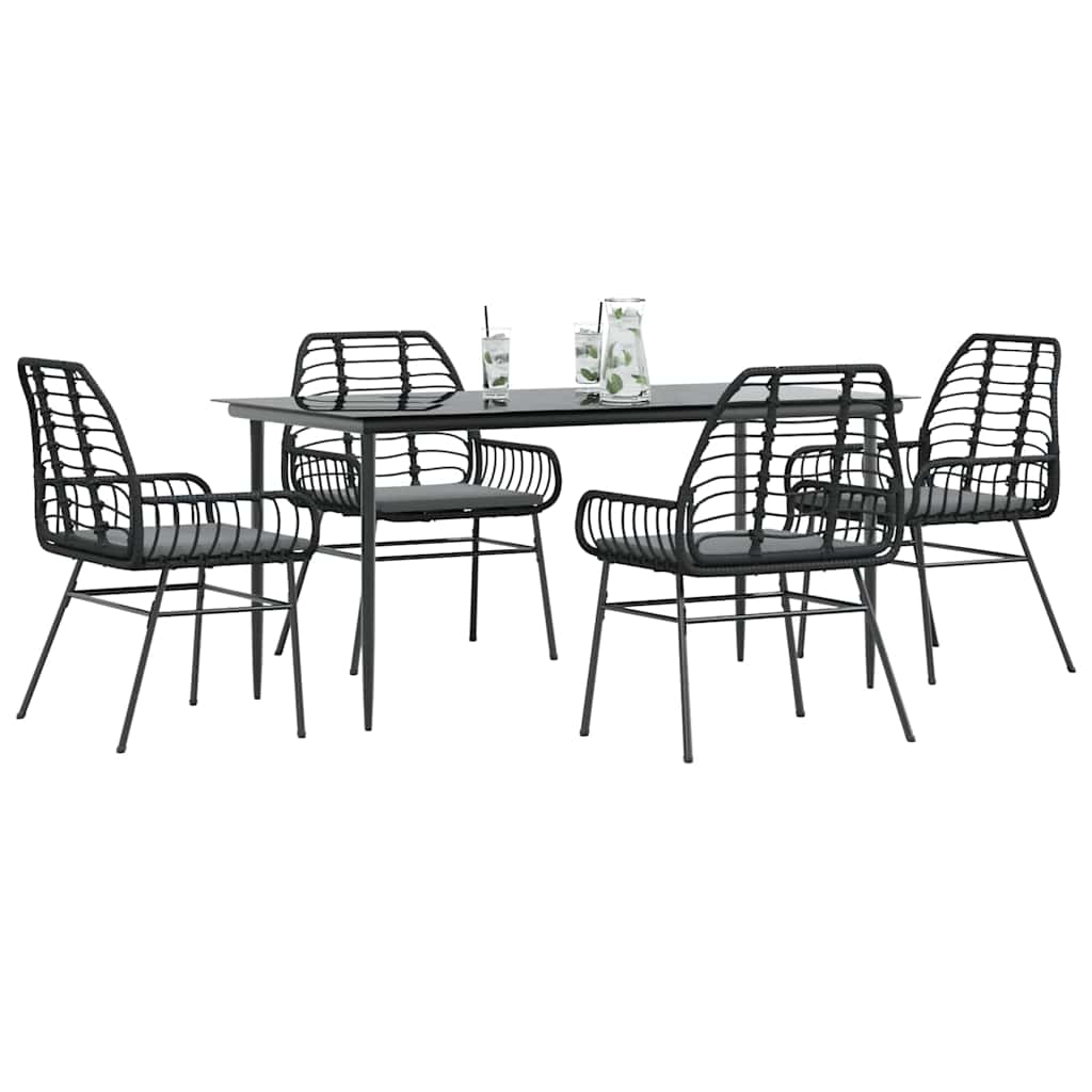 Conjunto de jantar jardim 5 peças almofadas vidro vime PE preto