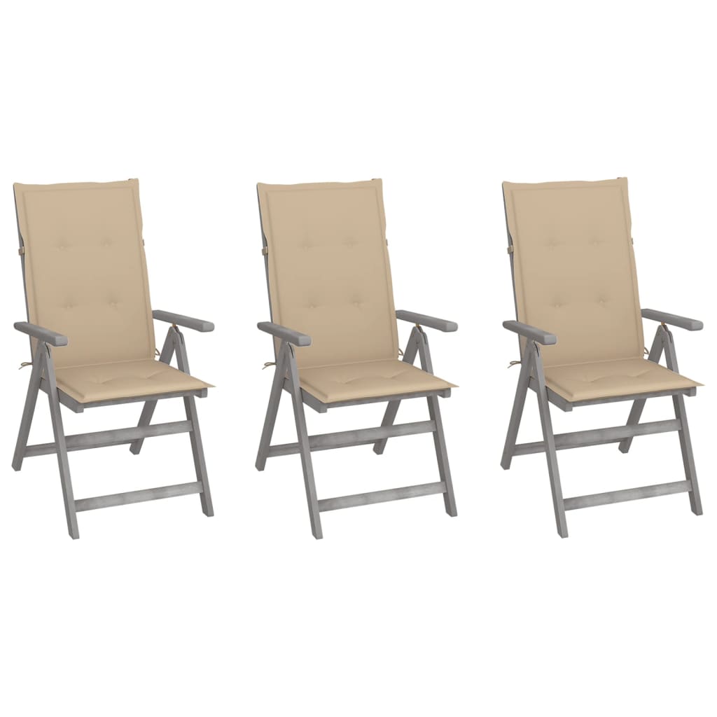 Cadeiras jardim reclináveis c/ almofadões 3 pcs acácia maciça
