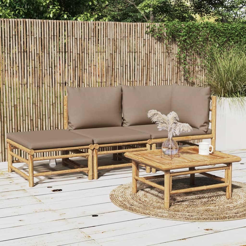 3 Pcs conj. lounge jardim bambu almofadões cinzento-acastanhado