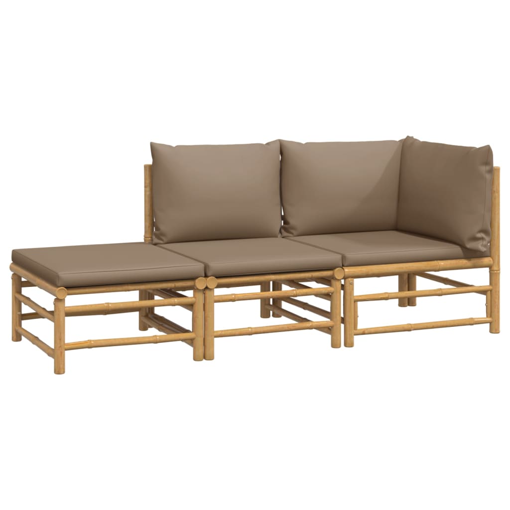 3 Pcs conj. lounge jardim bambu almofadões cinzento-acastanhado
