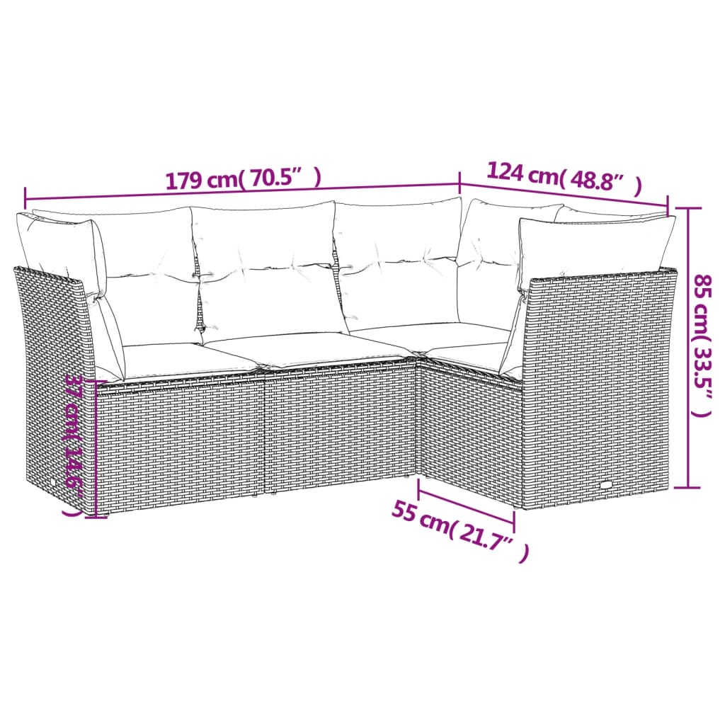 4 Pcs conjunto de sofás para jardim c/ almofadões vime PE bege
