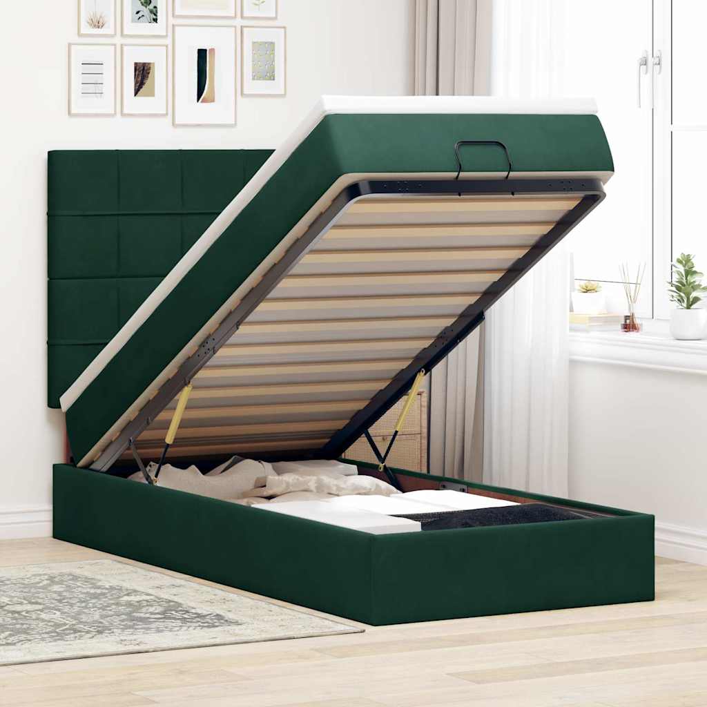 Estrutura de cama otomana colchões 90x200cm veludo verde escuro