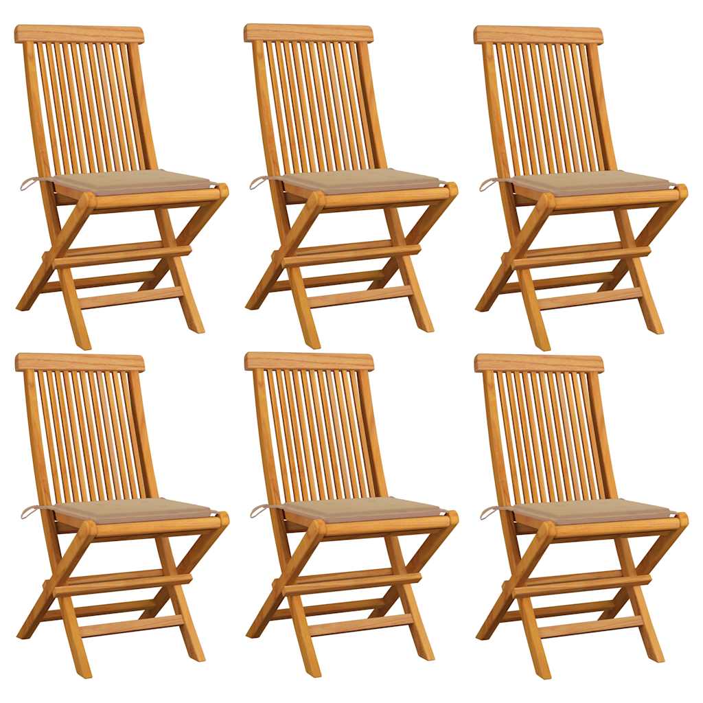Cadeiras de jardim c/ almofadões beges 6 pcs teca maciça