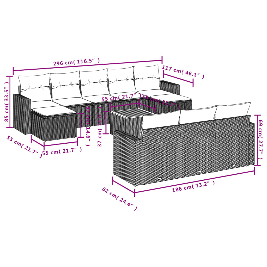 11 Pcs conjunto sofás de jardim c/ almofadões vime PE preto