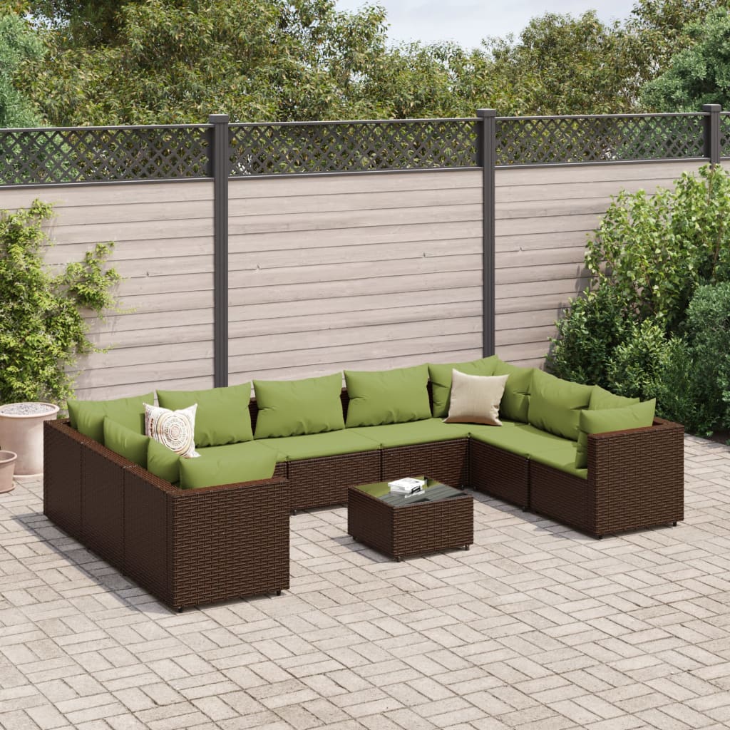 10 Pcs conjunto lounge jardim c/ almofadões vime PE castanho