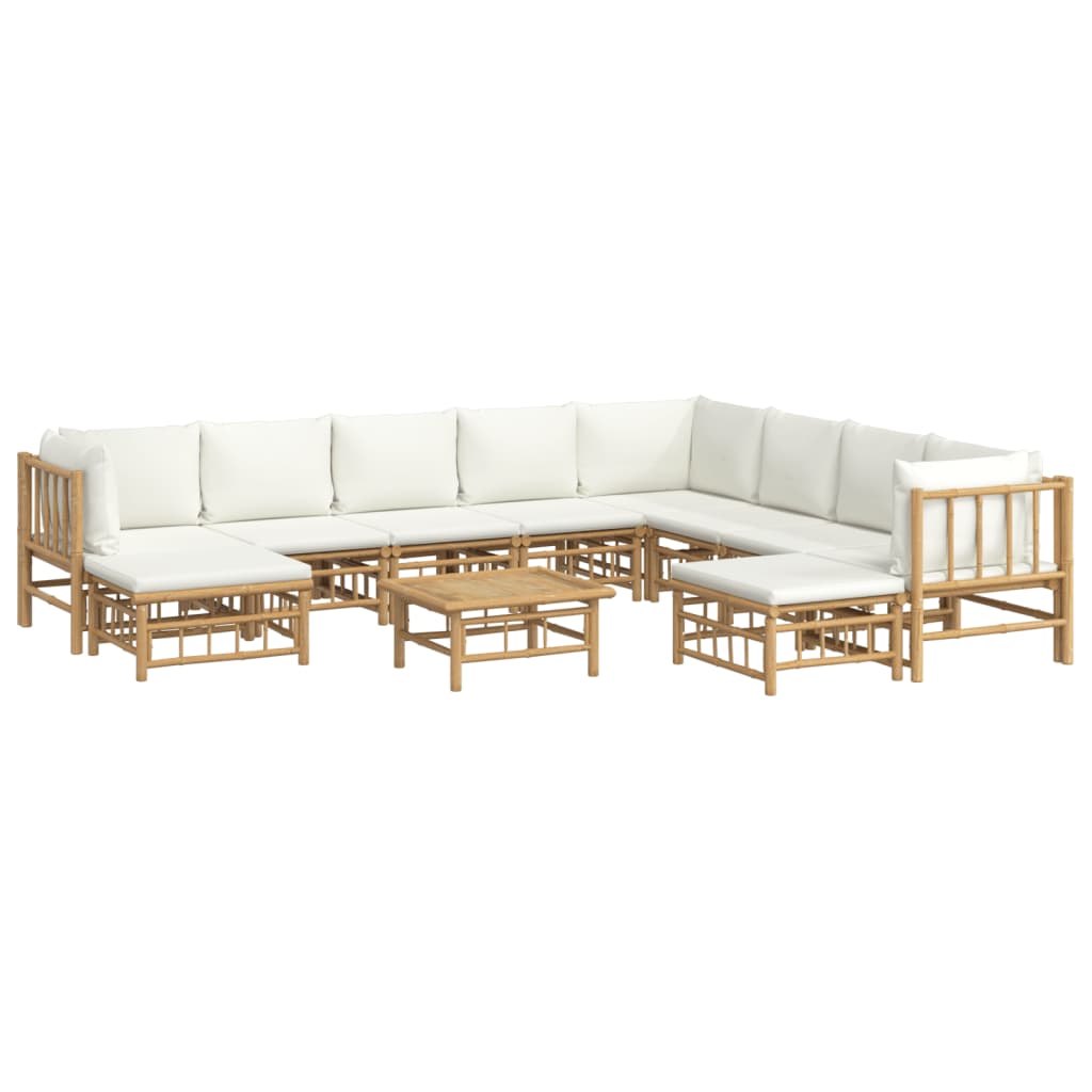 11Pcs conjunto lounge de jardim bambu c/ almofadões branco nata