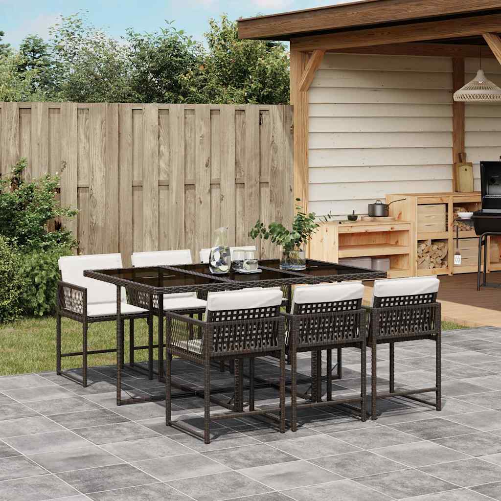 7 Pcs conjunto jantar p/ jardim c/ almofadões vime PE castanho