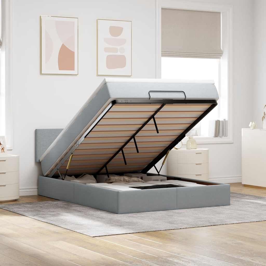 Cama otomana com colchão & leds cinzento claro 140x190cm tecido