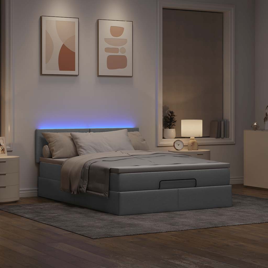 Cama otomana com colchão & leds cinzento claro 140x190cm tecido