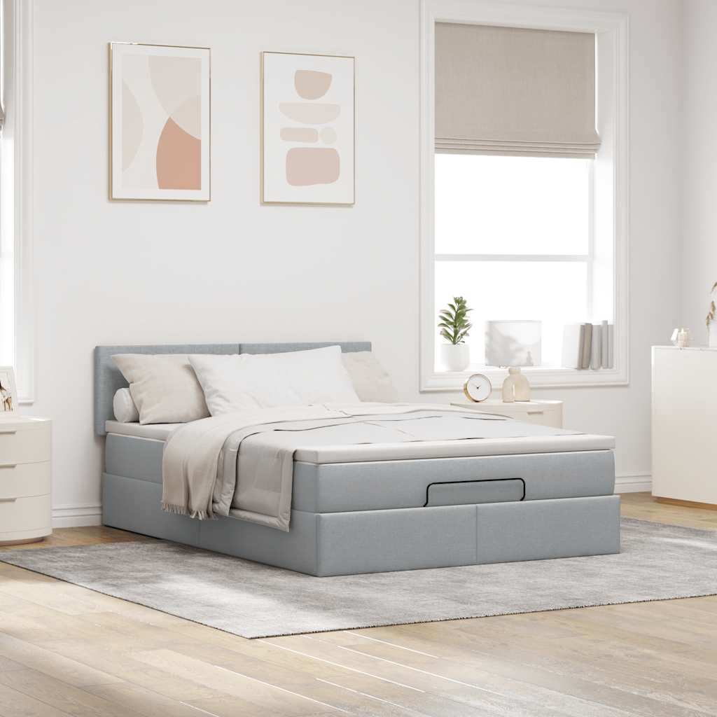 Cama otomana com colchão & leds cinzento claro 140x190cm tecido