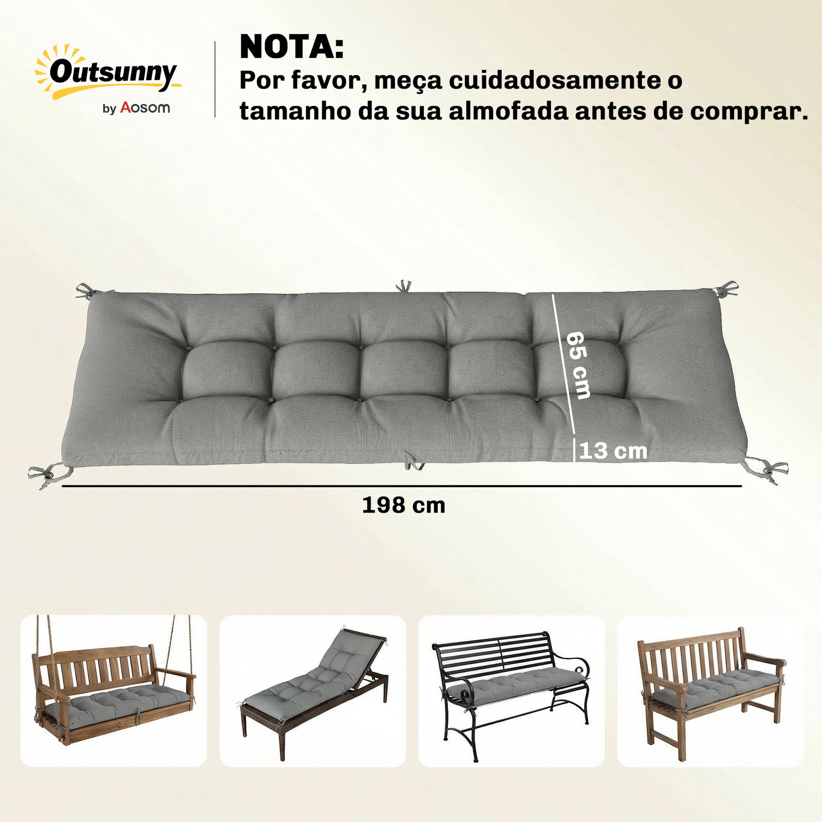 Almofada para banco exterior com alças de fixação proteção uv50+ recuperação lenta interior exterior 198x65x13 cm cinzento