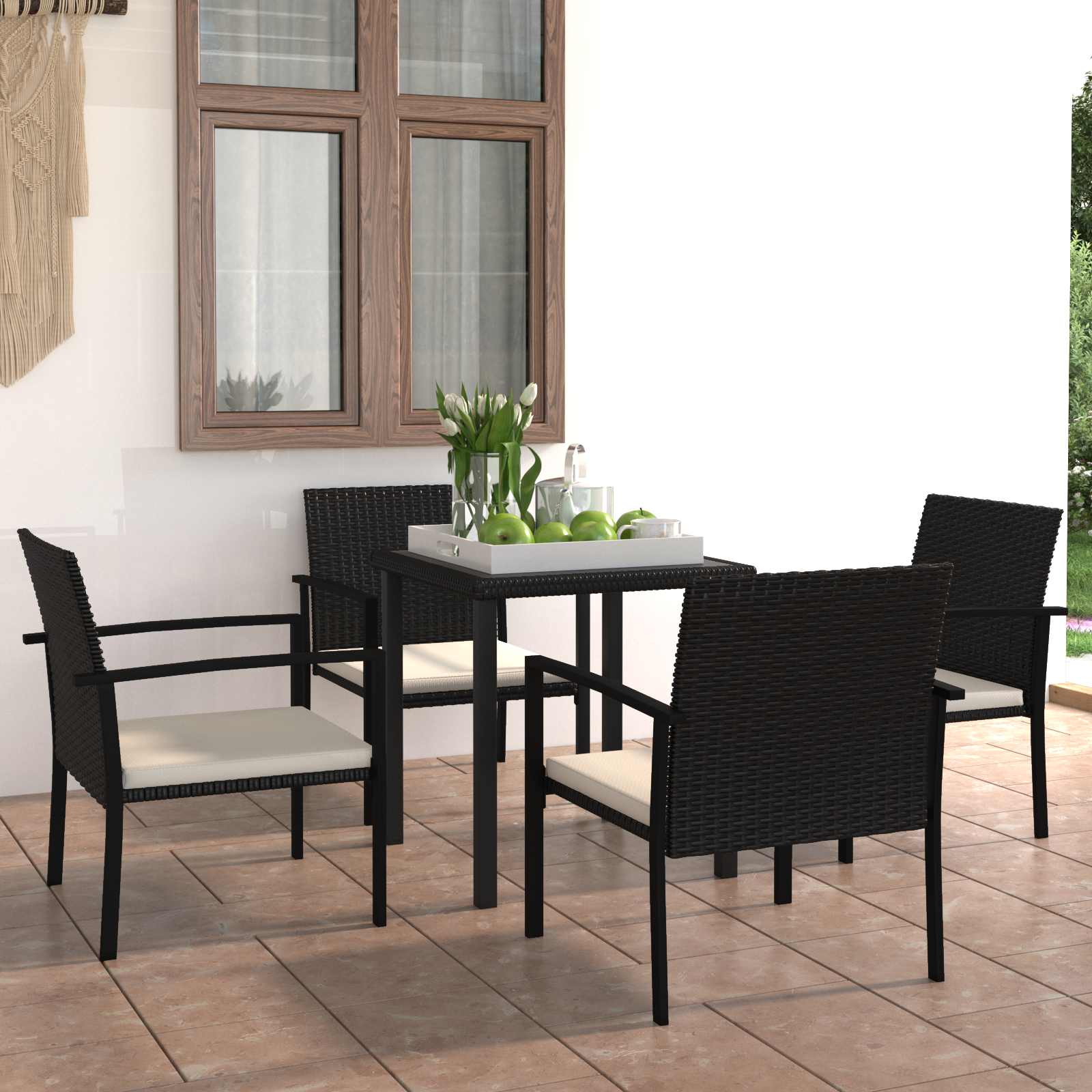 5 Pcs conjunto de jantar para jardim vime PE preto