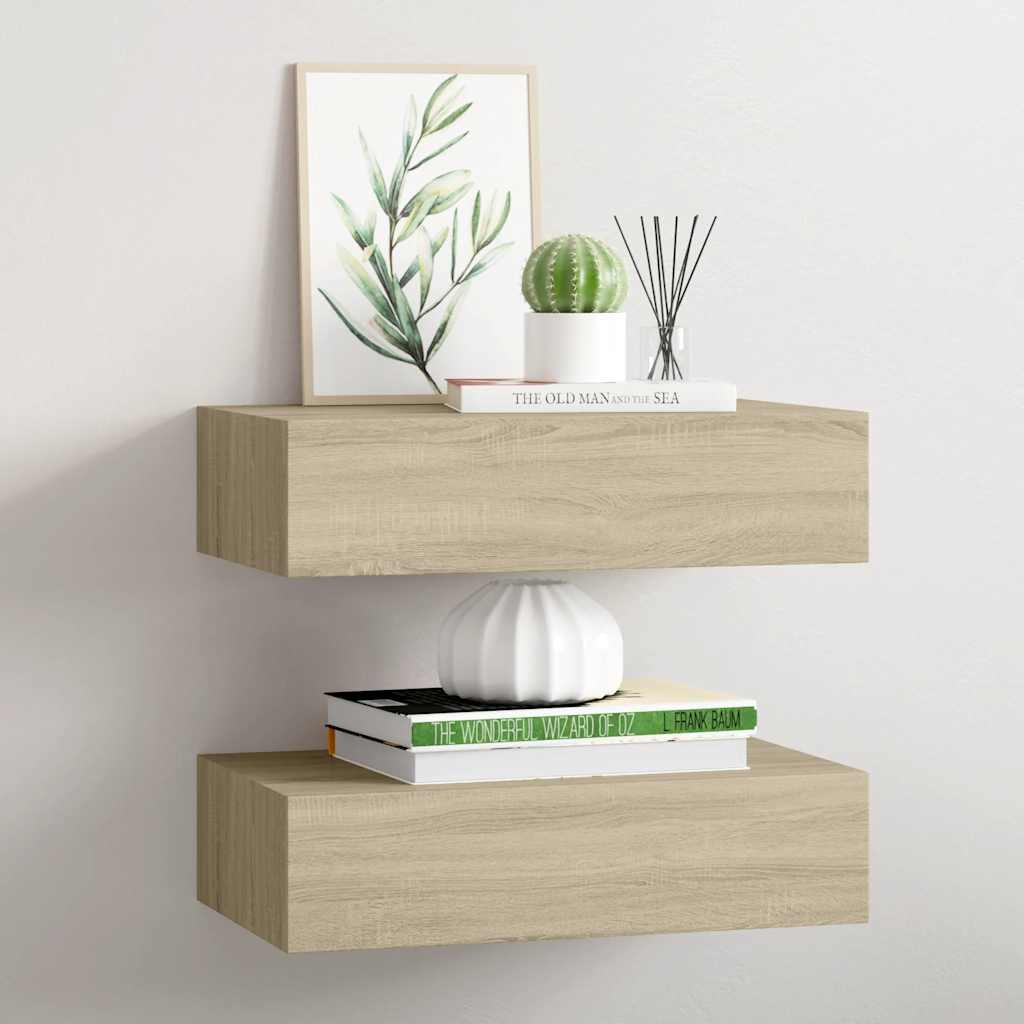 Prateleiras de parede c/ gavetas 2pcs MDF 40x23,5x10cm carvalho