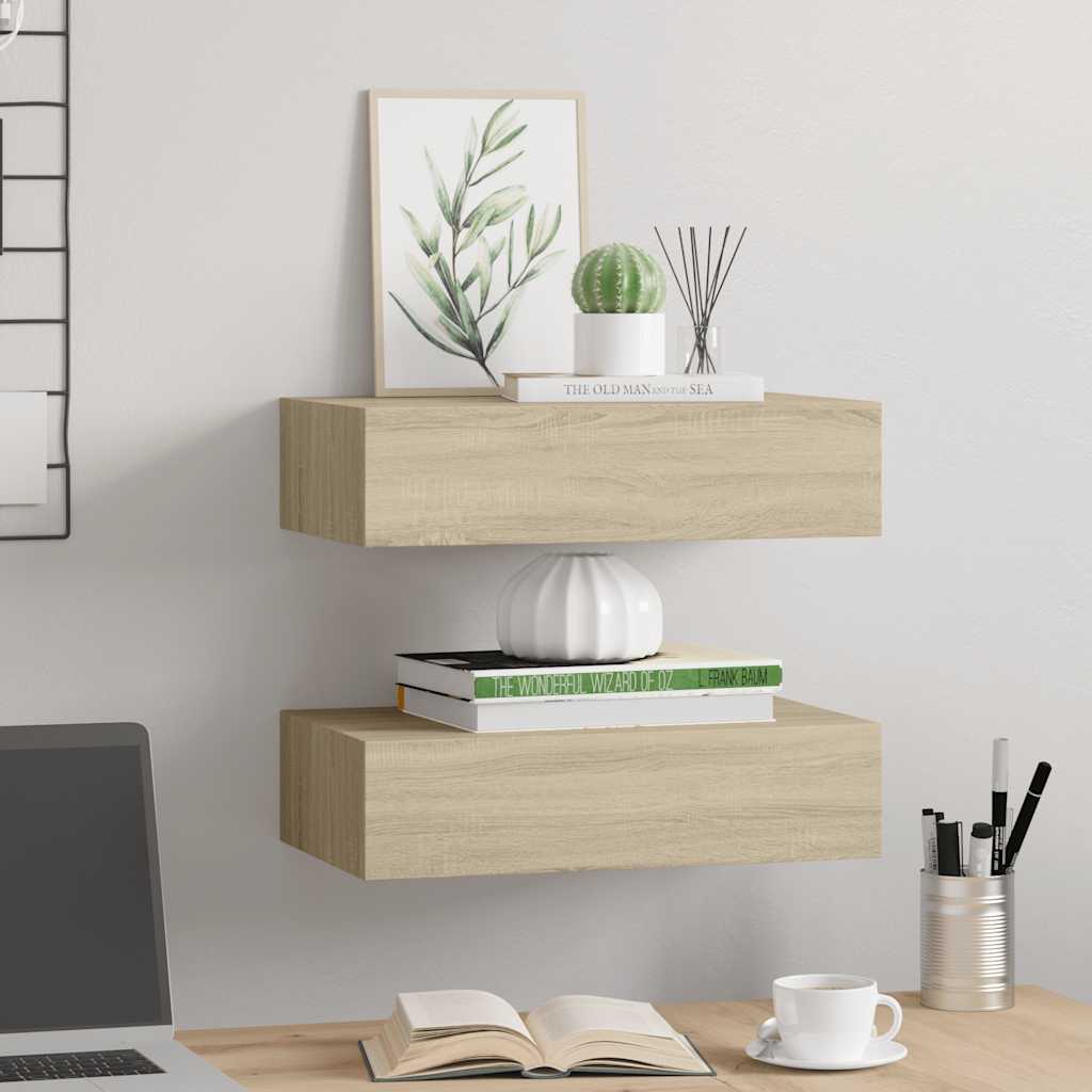 Prateleiras de parede c/ gavetas 2pcs MDF 40x23,5x10cm carvalho