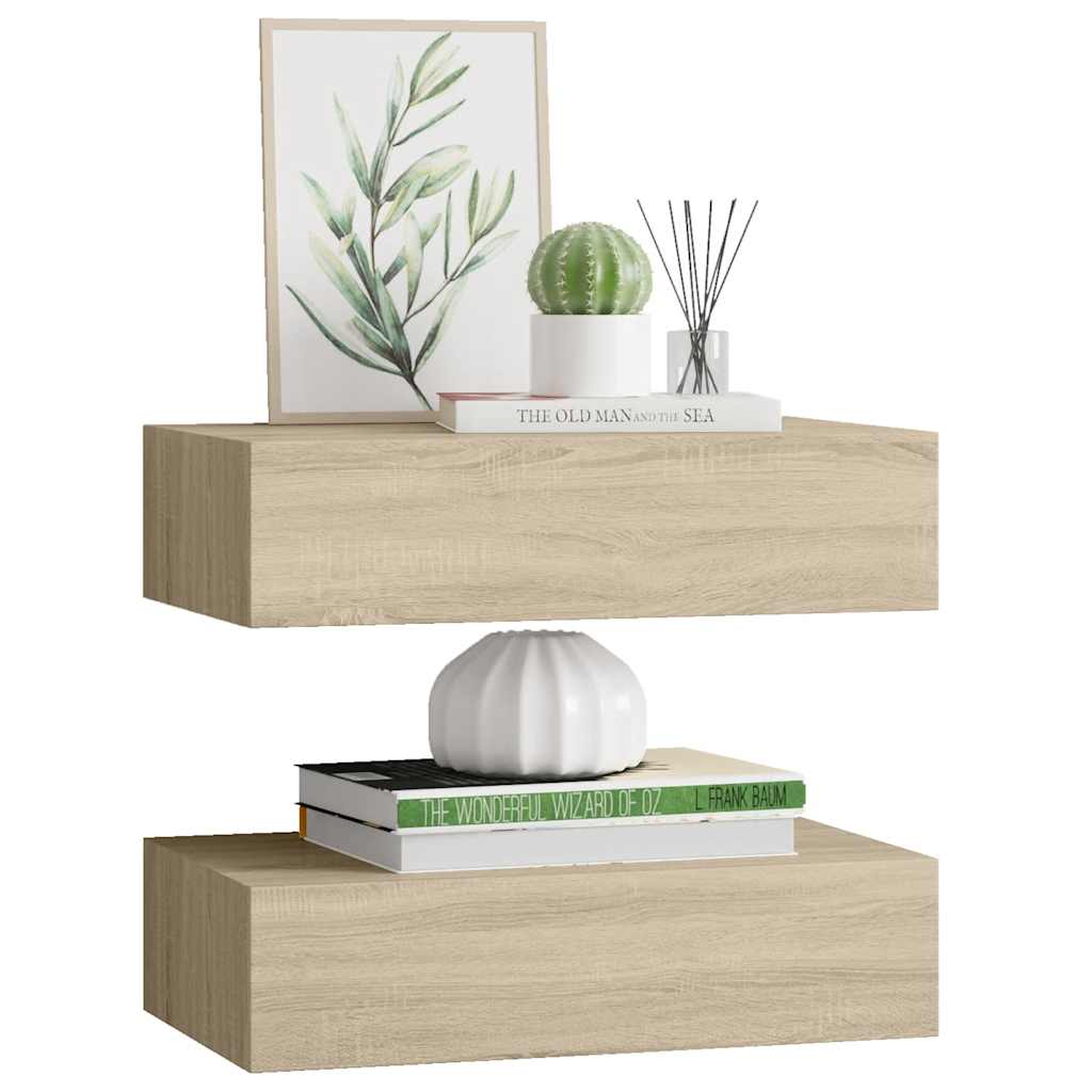 Prateleiras de parede c/ gavetas 2pcs MDF 40x23,5x10cm carvalho
