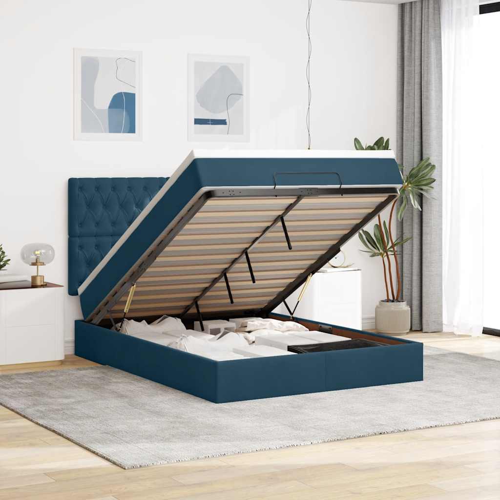 Estrutura cama otomana colchões 140x190 cm veludo azul escuro
