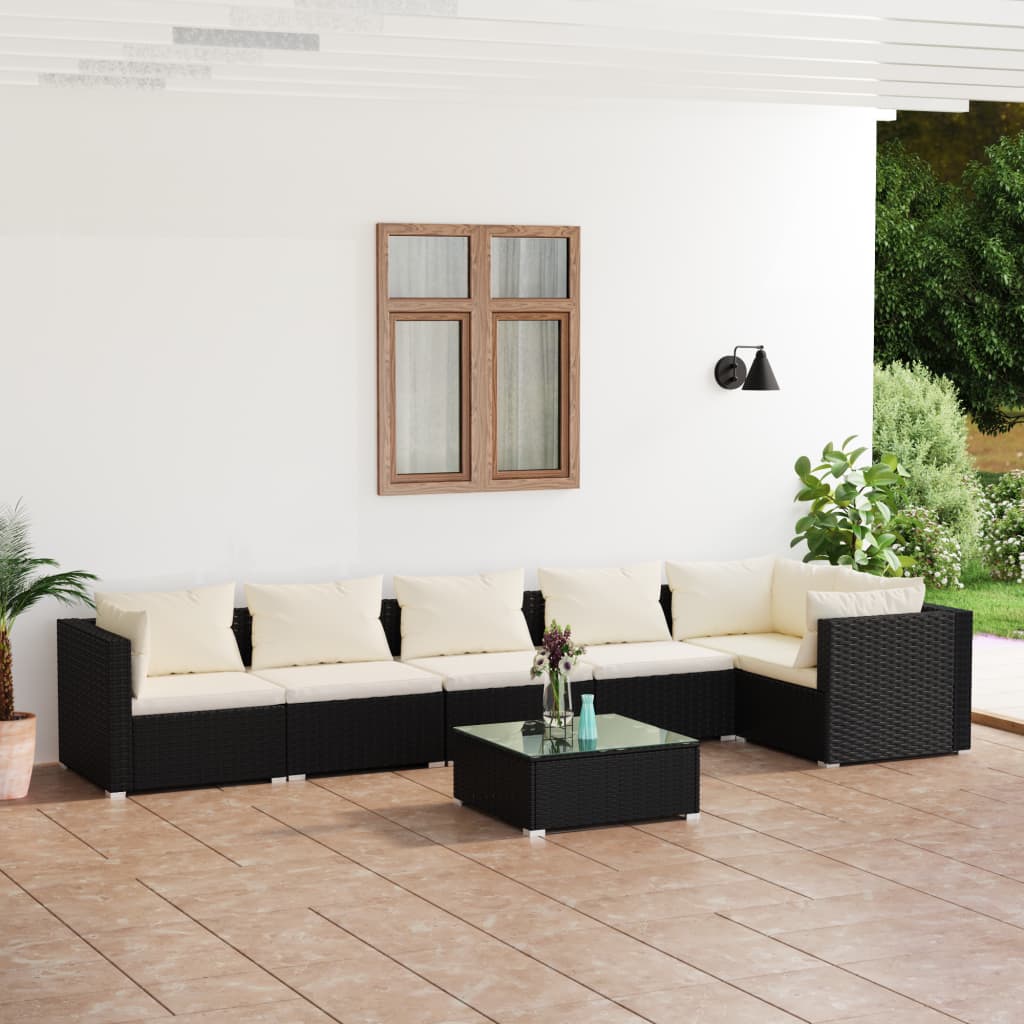 7 Pcs conjunto lounge de jardim c/ almofadões vime PE preto