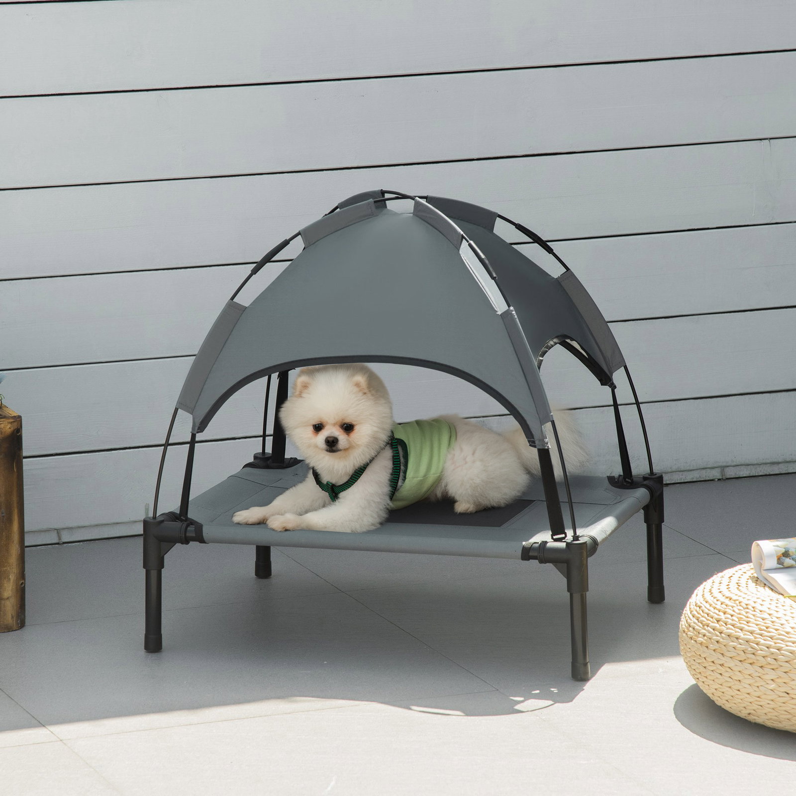 Cama elevada para animais de estimação portátil com toldo amovível tecido respirável 61x46x62 cm cinza