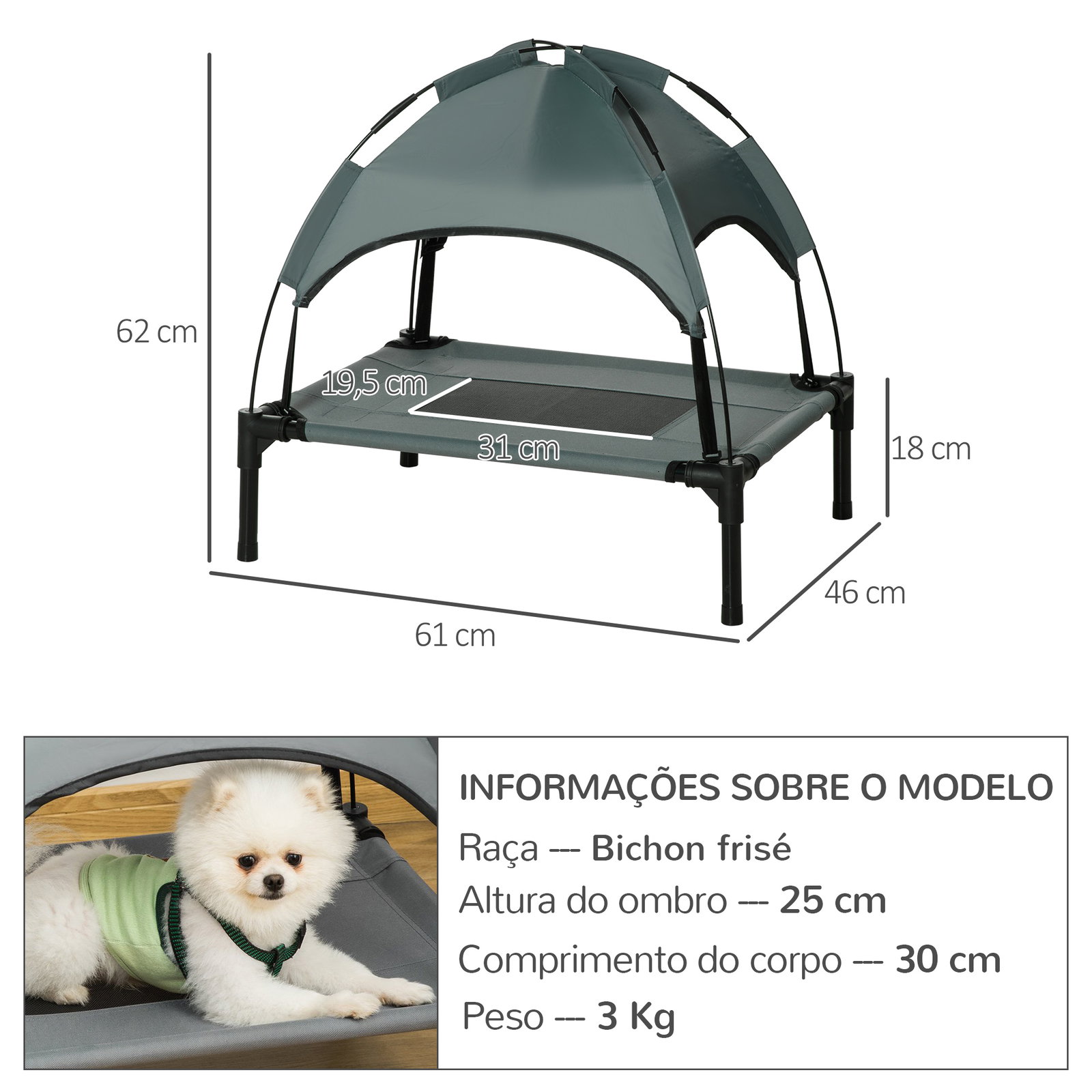 Cama elevada para animais de estimação portátil com toldo amovível tecido respirável 61x46x62 cm cinza