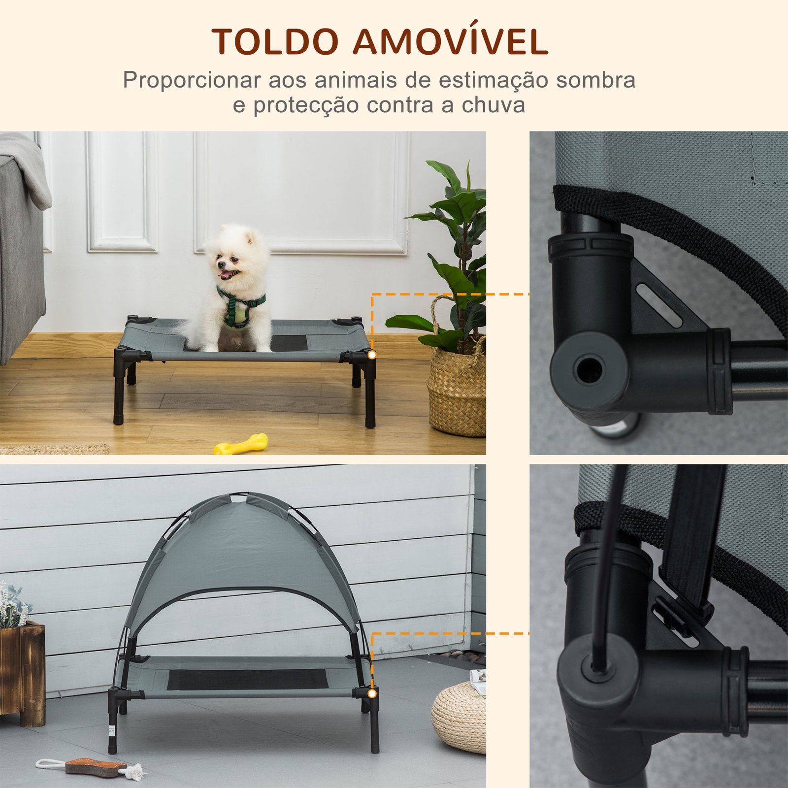 Cama elevada para animais de estimação portátil com toldo amovível tecido respirável 61x46x62 cm cinza