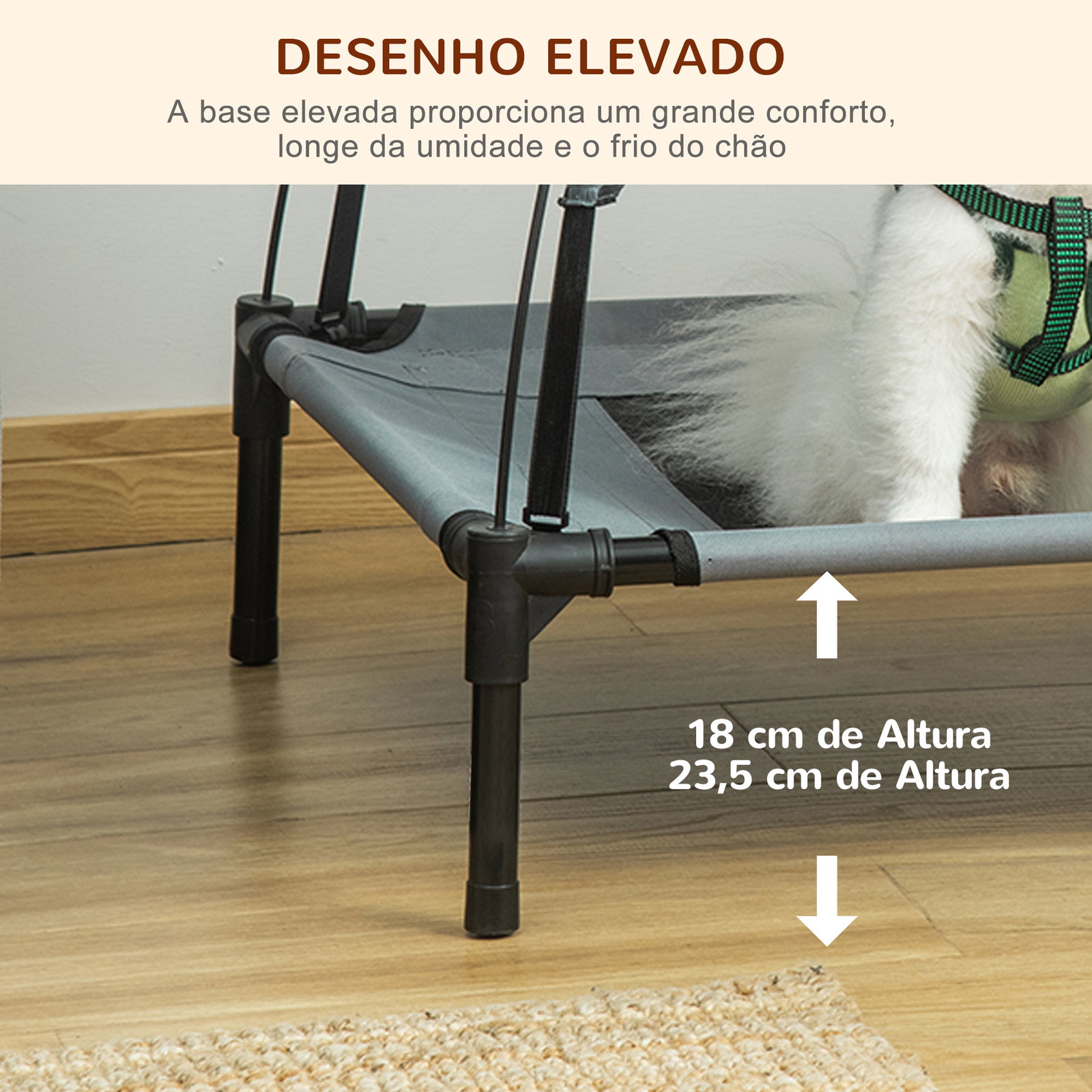 Cama elevada para animais de estimação portátil com toldo amovível tecido respirável 61x46x62 cm cinza