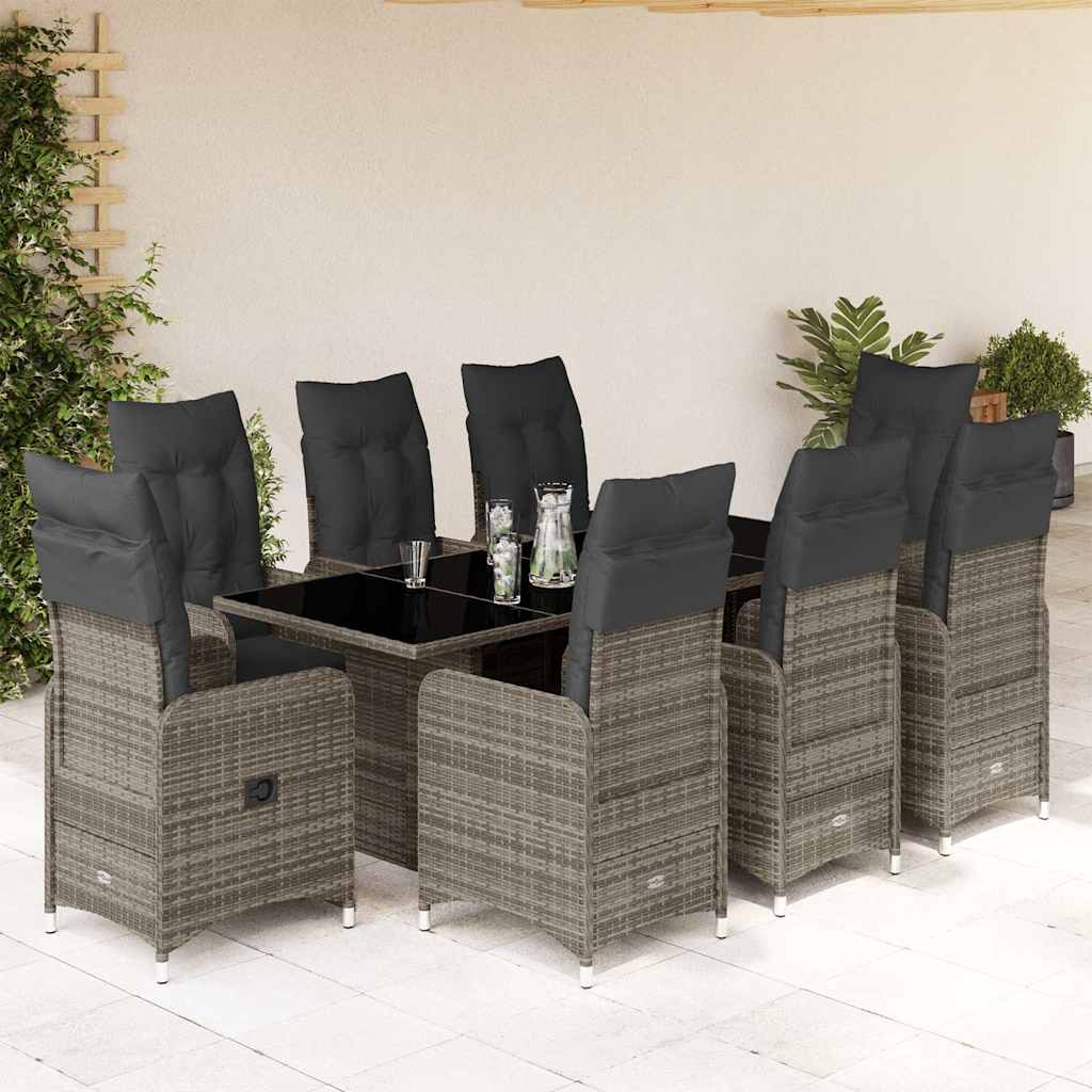 9 Pcs conjunto bistrô de jardim c/ almofadões vime PE cinzento