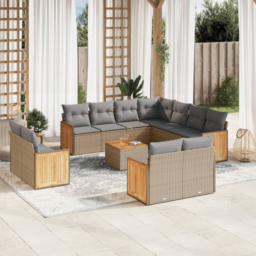 12 Pcs conjunto de sofás p/ jardim com almofadões vime PE bege