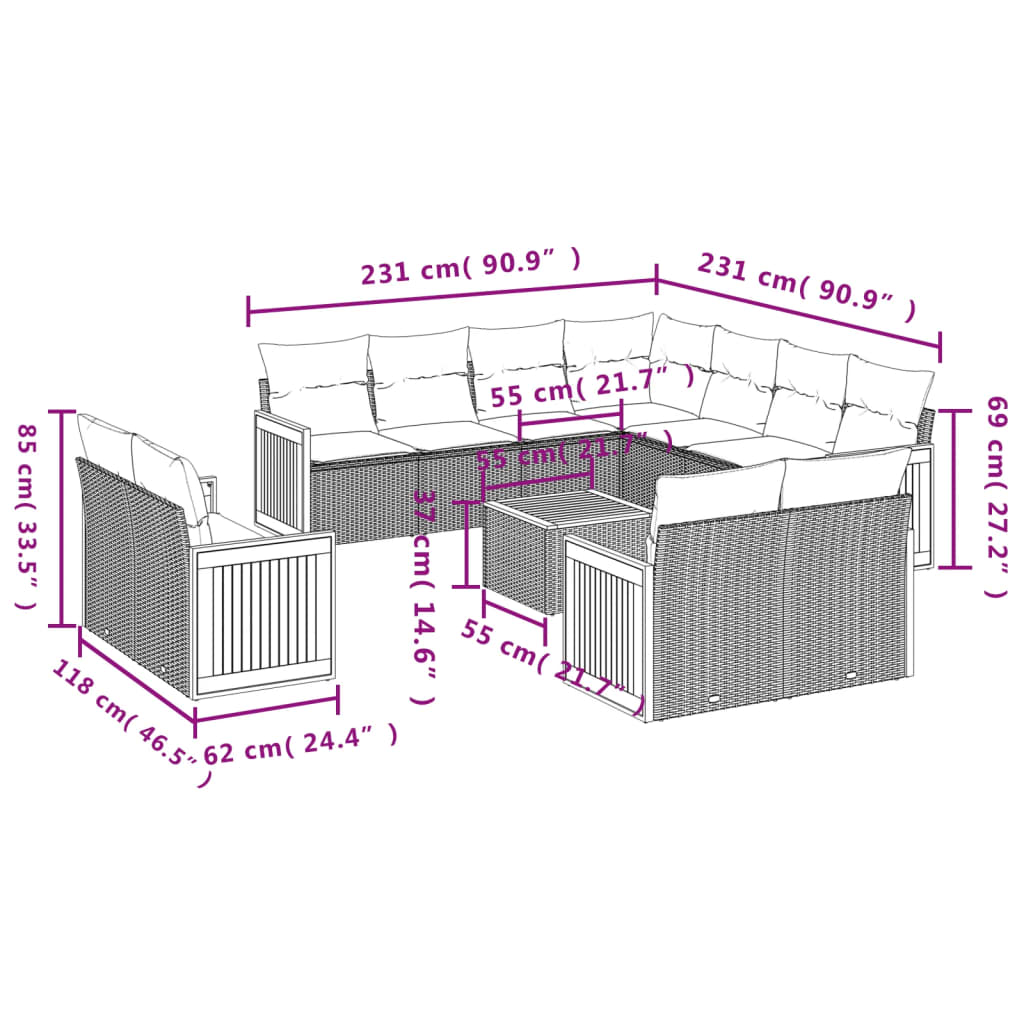 12 Pcs conjunto de sofás p/ jardim com almofadões vime PE bege