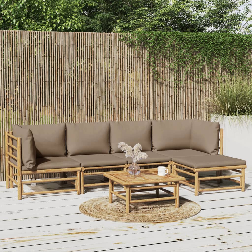 6 Pcs conj. lounge jardim bambu almofadões cinzento-acastanhado