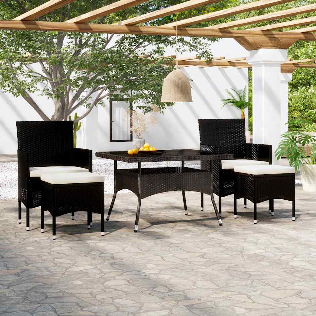 5 Pcs conjunto jantar p/ jardim vime PE e vidro temperado preto