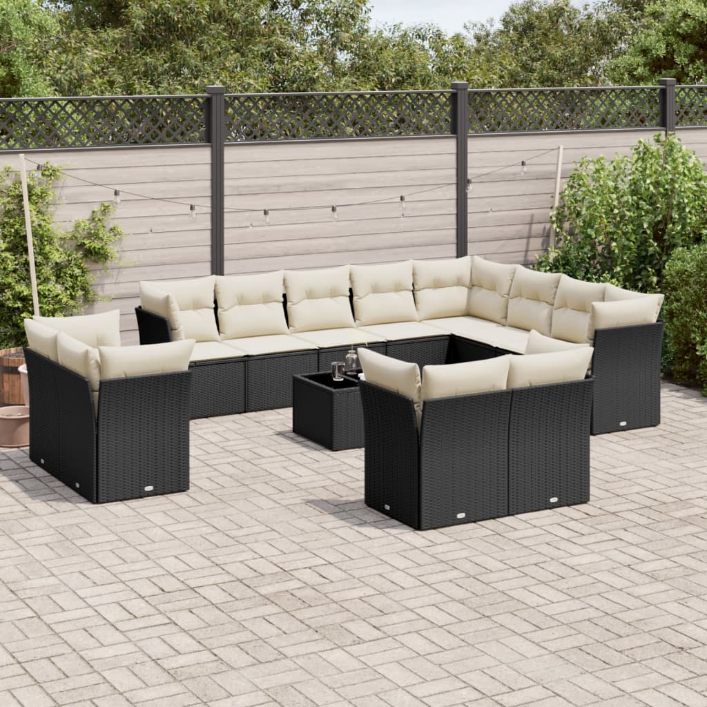 13 Pcs conjunto de sofás de jardim com almofadões vime PE preto