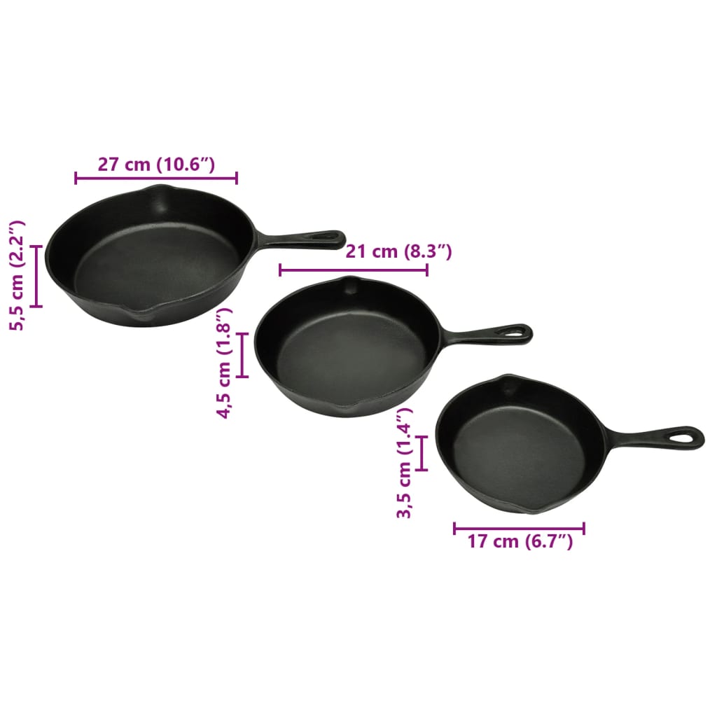 Frigideira de ferro fundido conjunto de 3 peças