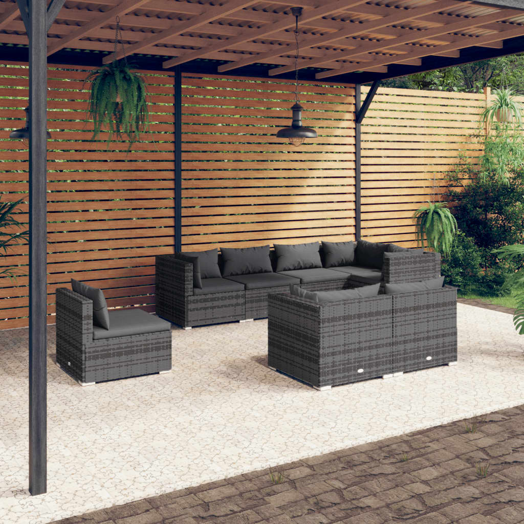 8 Pcs conjunto lounge de jardim c/ almofadões vime PE cinzento