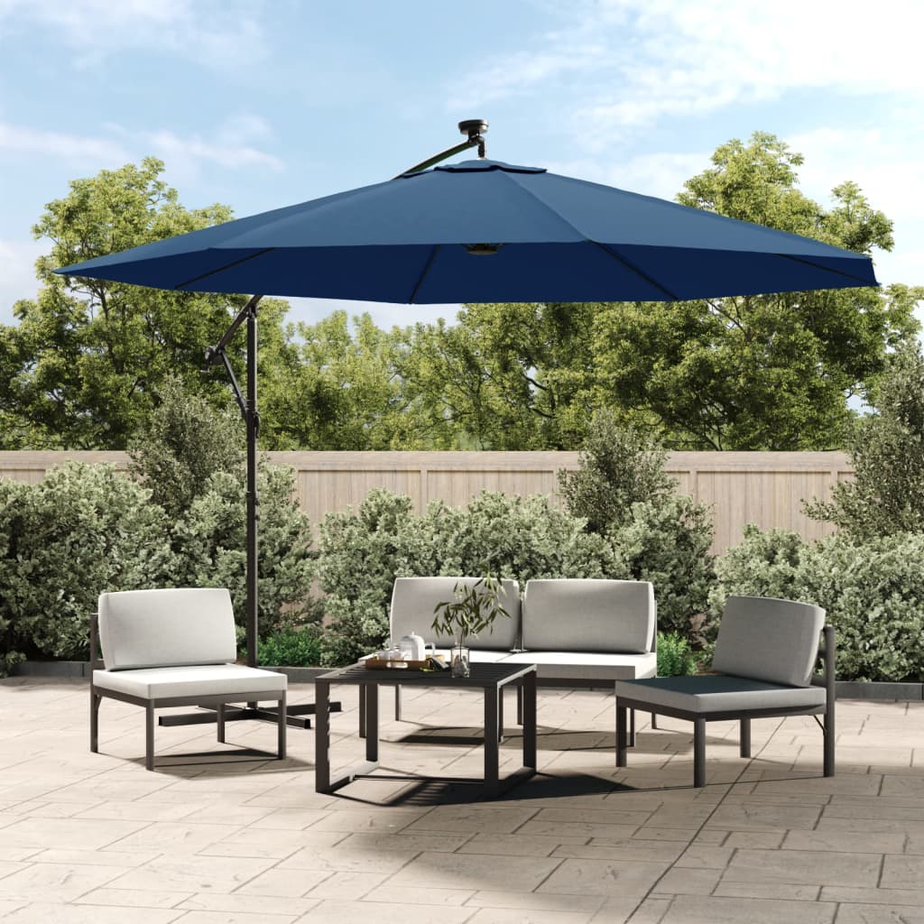 Guarda-sol de jardim cantilever com luzes LED 350 cm azul-ciano