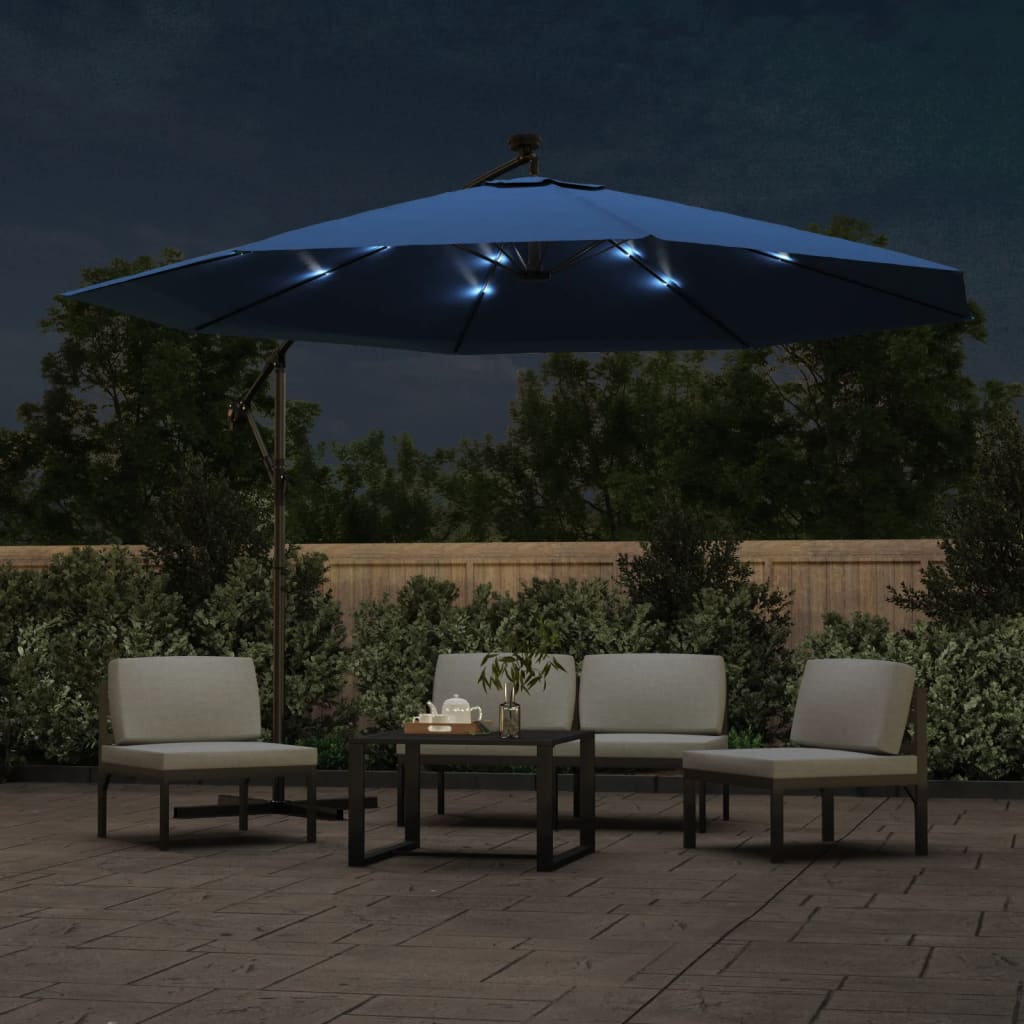 Guarda-sol de jardim cantilever com luzes LED 350 cm azul-ciano
