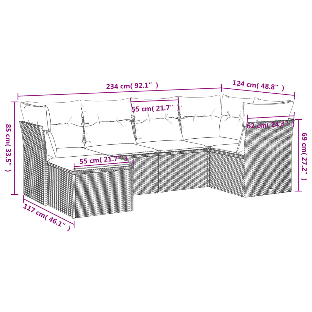 6 Pcs conjunto sofás de jardim c/ almofadões vime PE preto