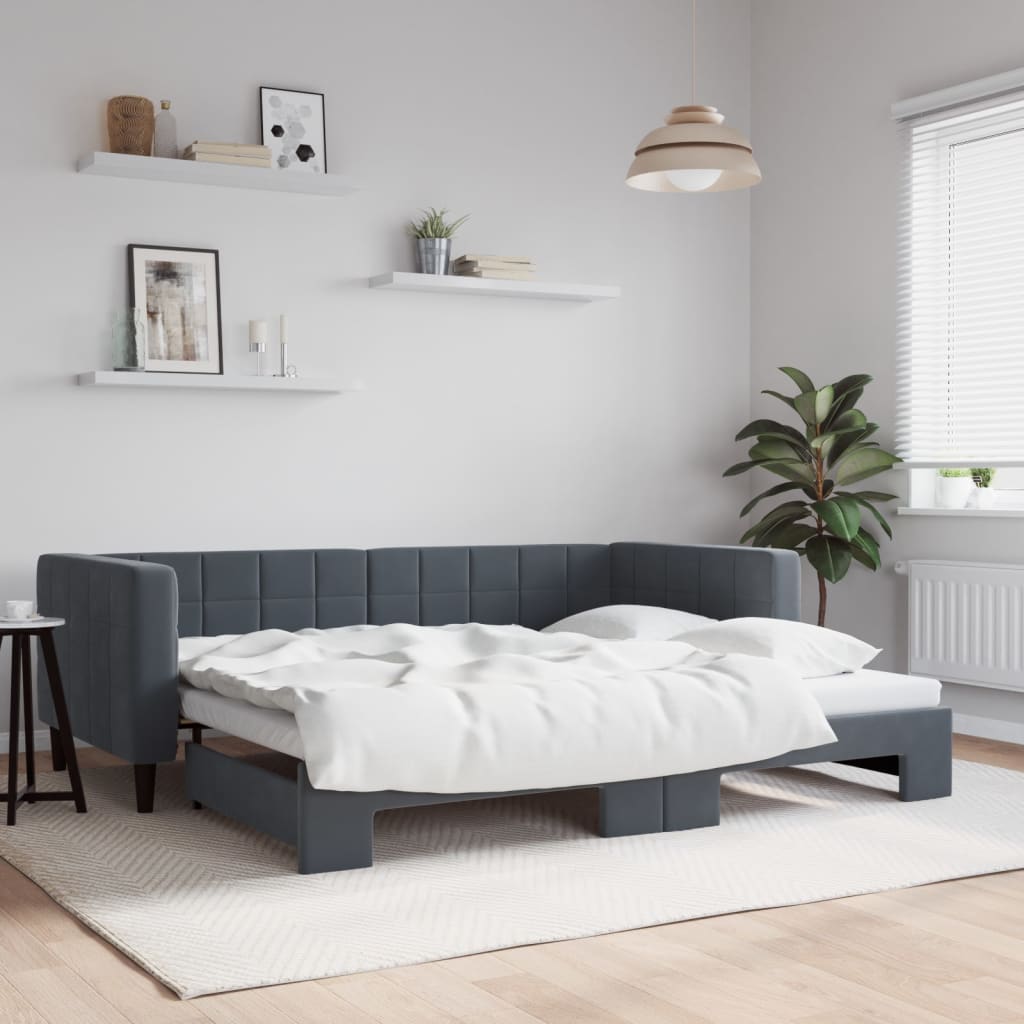 Sofá-cama com gavetão 90x200 cm veludo cinzento-escuro