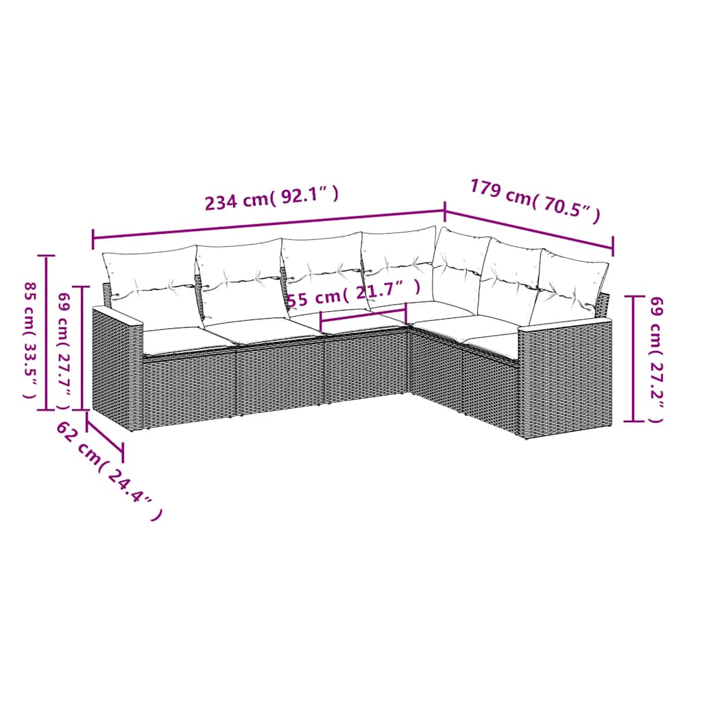 6 Pcs conjunto sofás de jardim c/ almofadões vime PE preto