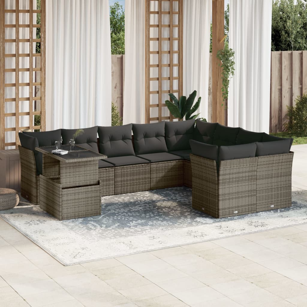10 Pcs conjunto sofás de jardim c/ almofadões vime PE cinzento
