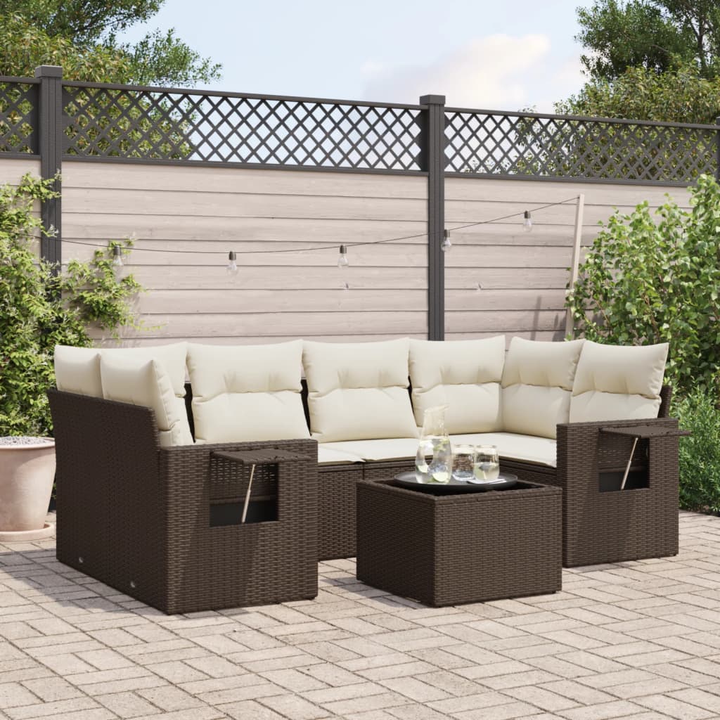 7 Pcs conjunto de sofás jardim c/ almofadões vime PE castanho
